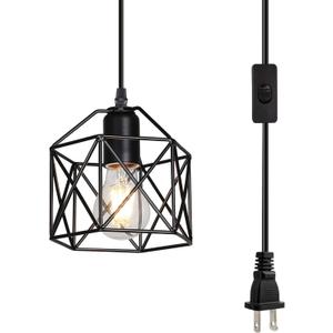 Industrial Plug-in Pendant Light, Black Farmhouse Hanging Ceiling Light, Vintage Metal Cage Wall Mount Lamp, 1-Light Fixture for Kitchen Island, Dining Room, E26 Base (Bulb Not Included)