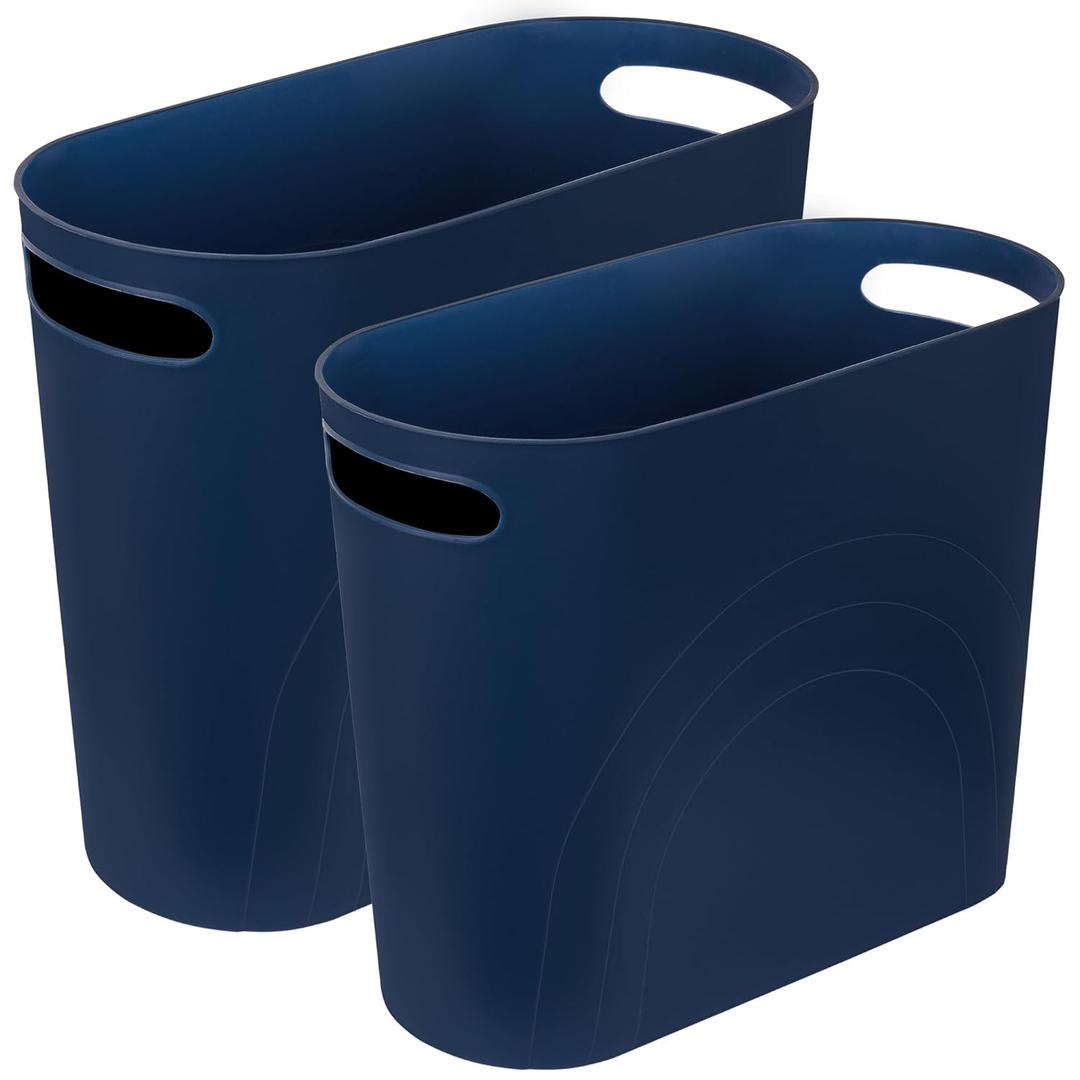 rejomiik Small Trash Can, 3.5 Gallon Slim Garbage Can Plastic Waste Basket with Handles Container Bin for Narrow Spaces Bathroom, Bedroom, Kitchen, Office at Home, 2 Pack Navy