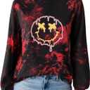 Remidoo Women's Tie Dye Long Sleeve T Shirt Graphic Tees Crewneck Oversized T-shirts Red Small (Red)