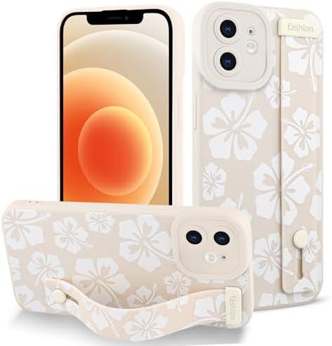 Fiyart Designed for iPhone 12 Case Cute Flowers with Strap Soft TPU Phone Cover Protective Camera Lens Protection for Women Men Floral Bumper with Stand 6.1"-White