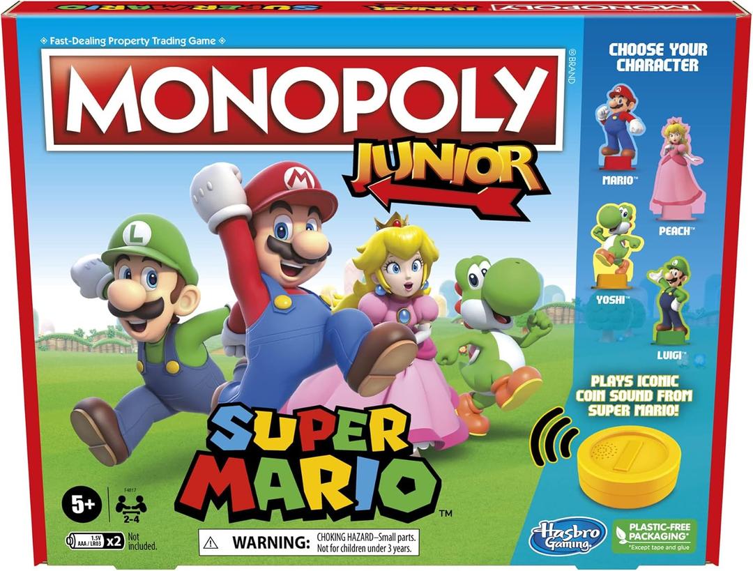 Monopoly Junior Super Mario Edition Board Game, Fun Kids' Ages 5 and Up, Explore The Mushroom Kingdom as Mario, Peach, Yoshi, or Luigi 