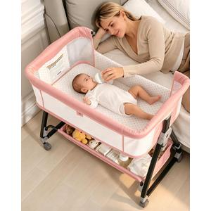 Baby Bassinets Bedside Sleeper with Wheels and Mattress, Cosleeping Baby Bed with Storage, Co-Sleeper Bassinet Attach to Bed, Bed Side Crib with Breathable Mesh, Height Adjustable (Pink), 35.4‘’L*21.7''W*28''-32.7''H