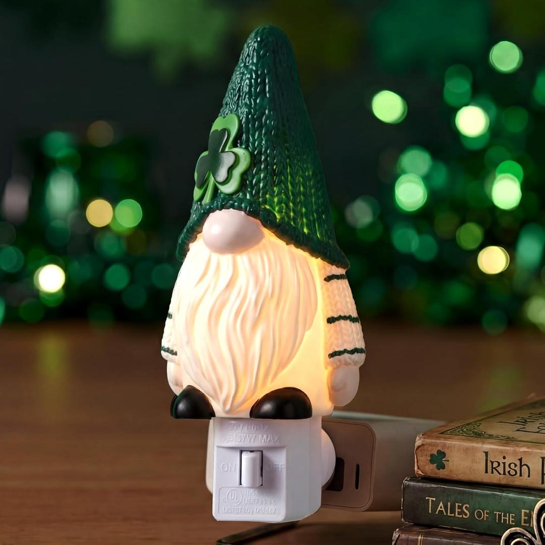 St Patricks Day Gnome Night Light UL Certification Plug-in Wall 360 Degree Swivel Plug with On/Off Switch for Irish March Saint Paddy's Day Gift Home Bathroom Bedroom Hallway Decoration