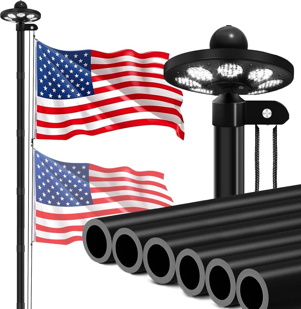 GHOSOONE Flag Pole for Outside House with Solar Light, 25FT 11 Gauge Yard Heavy Duty Flag Pole in Ground, 120MPH Wind-Tested