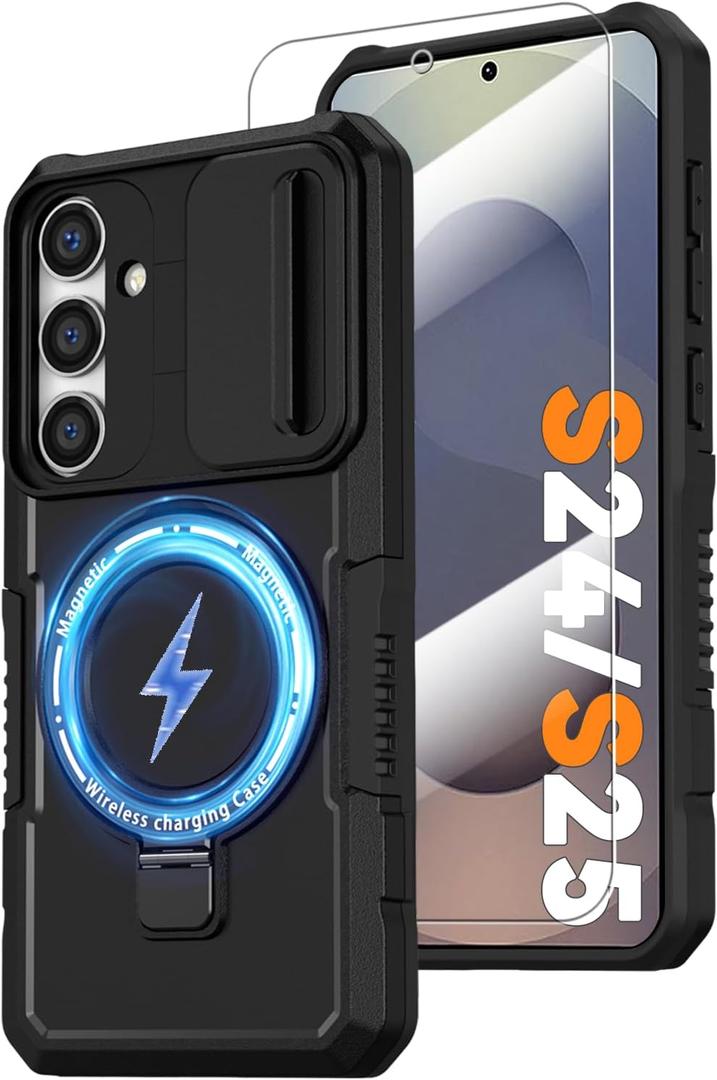 Magnetic Case for Samsung Galaxy S25/Galaxy S24, with Ring Stand [Glass Screen Protector] [Compatible with MagSafe] Military Grade Case with Camera Cover, Heavy Duty Shockproof Protective Cover, Black (S25/S24, Mag Black)