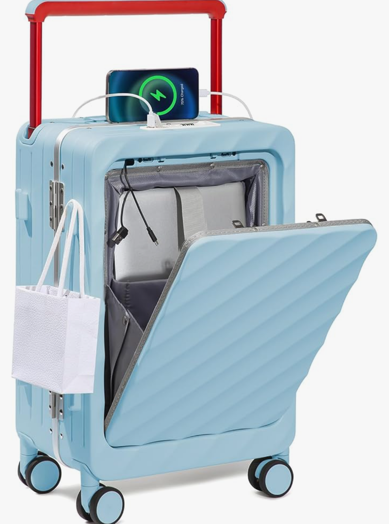 Somago Carry On Luggage Wide Handle 20 Inch Suitcase with Front Compartment Aluminum Framed PC Hardside 22x14x9 No Zipper Business Baggage with Spinner Wheels USB Charging Port TSA Lock (Light Blue)