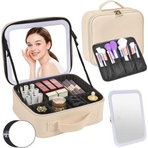 Travel Makeup Bag, Portable Makeup Case with LED Mirror, Removable Mirror with 3 Color Modes, 8 Adjustable EVA Dividers for Brushes Toiletry Jewelry Digital Accessories, Off White