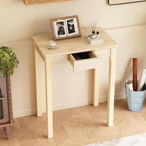 Solid Wooden Desk with Drawers - 24 x 16 Inch Narrow Desks for Small Spaces, Rubberwood Simple Study Table, Small Writing Desk for Bedroom - Natural Boho Desks, 23.6 in W x 15.7 in D