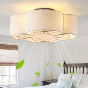 20" Boho Ceiling Fan with Light, Rattan Caged Flush Mount Ceiling Fan with Light Remote Control, Enclosed with 6 Speeds for Bedroom, Living Room, Foyer, Nursery (Beige)