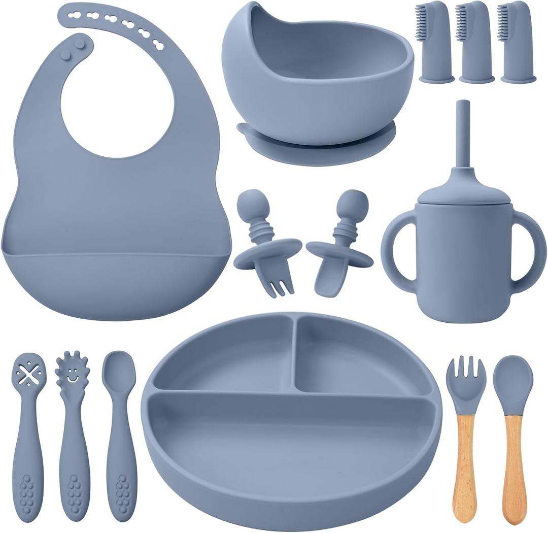 LITTLE RAWR Silicone Baby Feeding Set 14 Pcs, Baby Led Weaning Supplies, Baby Spoons Suction Bowl Divided Plate Bib Cup Finger Brush, First Stage Solid Food Eating Utensils - 6+ Months(Blue Gray)