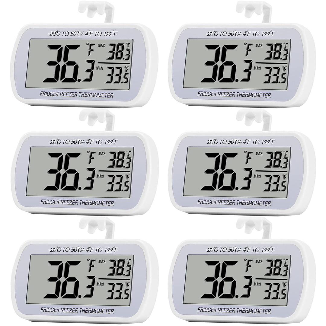 6 Pack Digital Refrigerator Thermometer Fridge Freezer Room Thermometer Waterproof Large LCD Display Max/Min Record Function, White