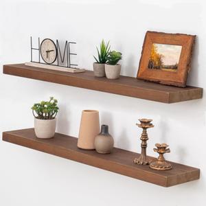 Axeman Natural Wood Floating Shelves for Wall Mounted 36 Inch Rustic Farmhouse Wall Shelves for Bathroom Bedroom Kitchen Living Room Decor Distressed Wooden Shelf|Set of 2, Weathered Walnut