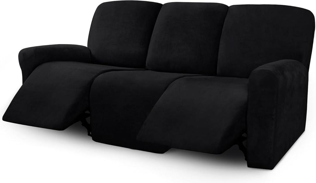 ULTICOR Velvet 8-Pieces Recliner Sofa Covers Stretch Reclining Couch Covers for 3 Cushion Reclining Sofa Slipcovers Furniture Covers Thick Soft Washable (3 Seater Recliner Cover, Black)