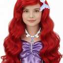 Red Mermaid Wig for Kids Girls Red Long Curly Wig Halloween Cosplay Wigs (Dark Red)