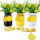 Skylety 3 Pcs Lemon Decorations for Home Lemon Kitchen Decor and Accessories Summer Farmhouse Mason Jar Table Centerpieces with Fake Plants Wooden Lemons Garland Bead Twine for Tiered Tray Home Decor
