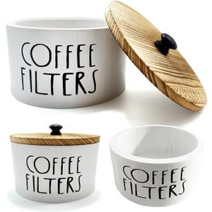 Wooden Coffee Filter Holder With Lid-Rustic Storage Container and Dispenser Basket for Coffee Bar Decor, Farmhouse Accessories(White)