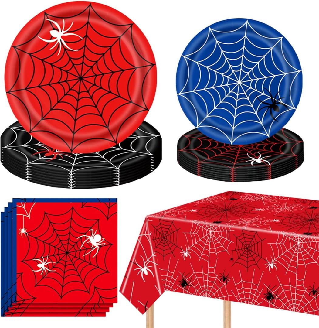 Spider Party Supplies, 20 Plates, 20 Napkins, 1 Tablecover for Birthday Party Tableware Supplies, Spider Theme Birthday Party Decorations