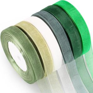 6 Rolls Organza Ribbon Sheer Chiffon Ribbon Bulk for Wrapping Decorating Valentine Wedding Birthday Bouquet Garland(0.6 Inch X 50 Yard Each Roll,Green)