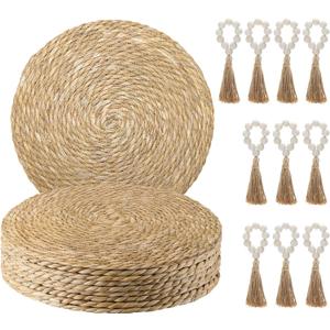 Woven Placemats Set of 10, 13" Round Rattan Placemats Natural Water Hyacinth Placemats with Wooden Beads Napkin Rings, Boho Braided Wicker Placemats for Kitchen Dining Table Decor (13 inch set of 10)
