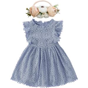 BGFKS Baby Girl Tutu Dress Elegant Lace Pom Pom Flutter Sleeve with Flower Headband Set (6 Months, Dusty Blue)