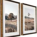 Framed Rustic Landscape Wall Art Set of 2 Country Farmhouse Decor with Tree and Windmill Prints Western Vintage Frame Wall Decor for Living Room, Bedroom, or Office 16"x20"x2