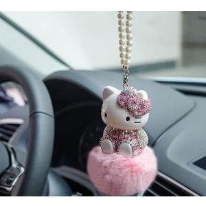 Cute Mirror Charms and Plush Ball Car Accessories for Women - Crystal and Diamond Cat Rear View Mirror Hanging Ornaments and Decor (Pink-1)