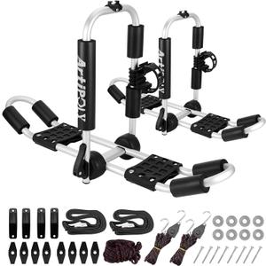 Kayak Roof Rack for 2 Kayaks, 4-in-1 Multifunction Bilateral Kayak & Canoe Car Racks J-Bar with Paddle Holder for Easy Mount Kayak/Surf/Ski/Canoe/SUP on SUV, Car and Truck Crossbar