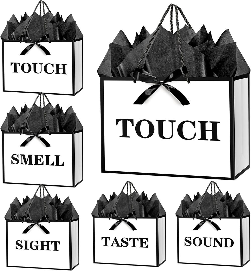 JWSCYSY 12.6" 5 Senses Gift Bags with Tissue Papers and Ribbons for Men, Women, Him Her Birthday, Anniversary, Wedding, Valentine's Day (White Black)