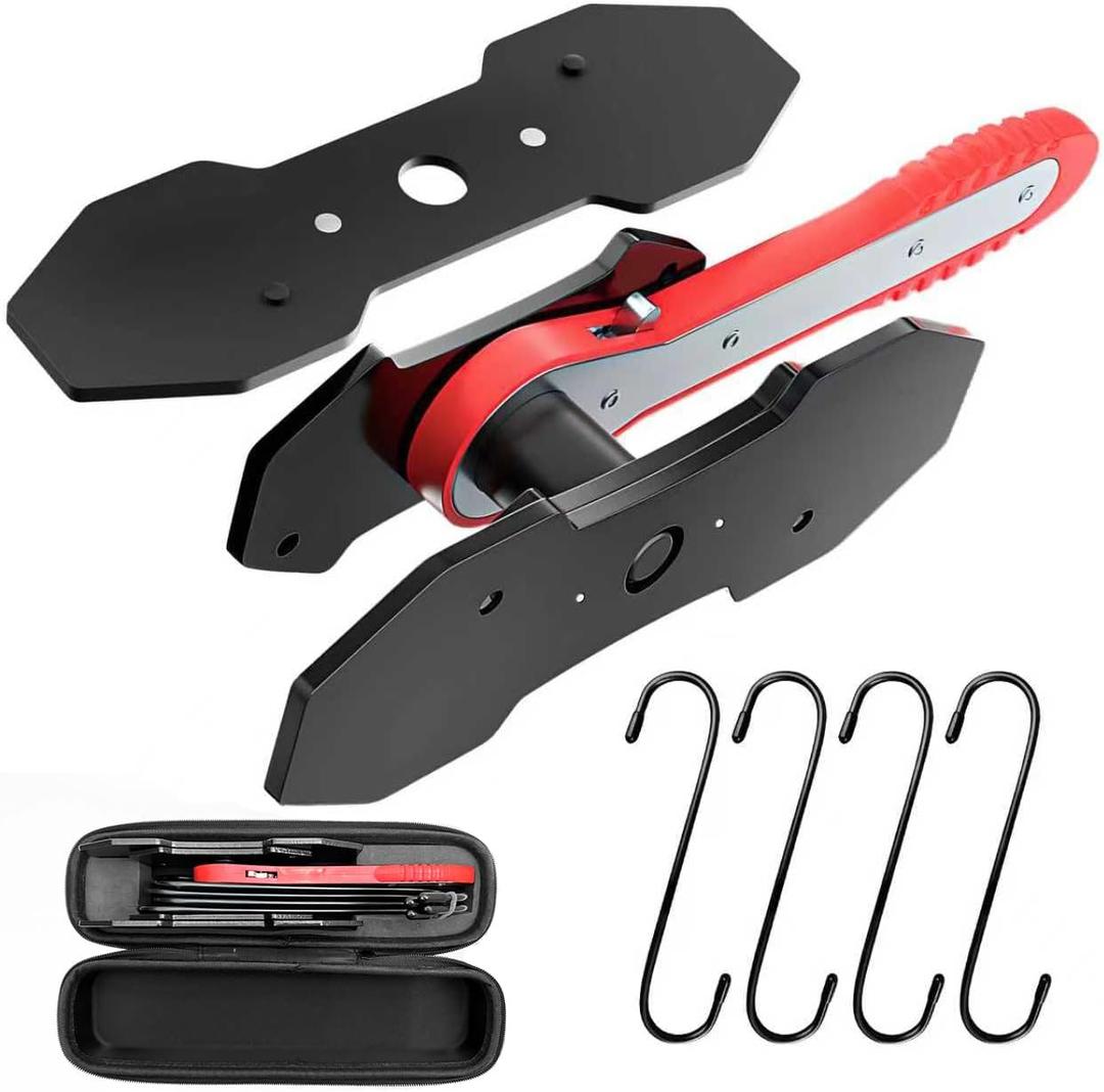 Brake Caliper Compression Tool Kit, Caliper Piston Compressor Tool, 360 Ratchet Piston Press with 4 Hooks & 2 pcs Large Steel Plate for Single Twin Quad Sextuplet Piston Disc Brake Caliper (Red)