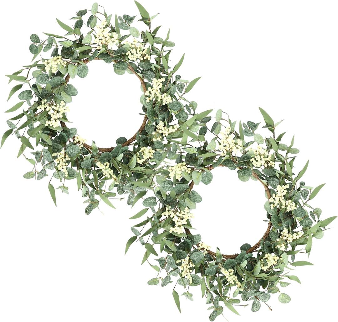 Pinkpum 2 Pack Wreaths for Front Door 20'' Eucalyptus Wreath, Spring Summer Green Wreath, Door Green Wreath for Home Porch Window Wall Farmhouse Home Decor Indoor Outdoor Summer All Seasons