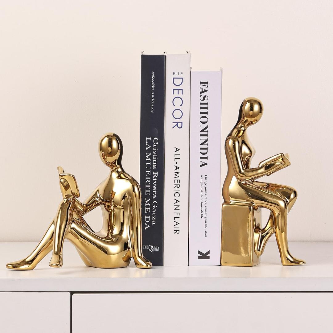 Ceramic Decorative Bookends, Book Ends for Shelves, Home Office Decor Aesthetic Statues Book Holders Stoppers for Bookshelf, Table, Bedroom Living Room Decoration (Gold)
