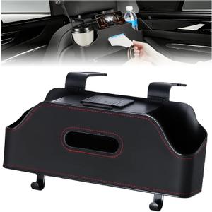 Car Seat Back Organizer with Cup Holder, Multi-Functional Car Seat Back Storage Box with Hook, Leather Headseat Tissue Box, Universal for Most Trucks, SUVs (Black)