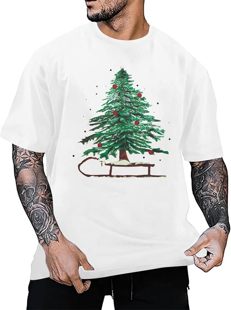Merry Christmas Shirt for Men Christmas Tree Xmas Short Sleeve Top Mens (White, XXL)