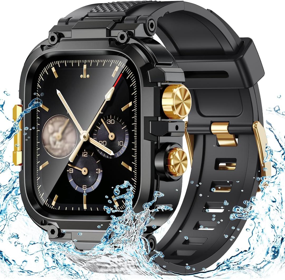Goton IP68 Waterproof Rugged Band for Apple Watch 44mm with Case build-in Screen Protector Heavy Duty Sport Strap Compatible with iWatch Series 11/10/9/8/7/6/5/4/SE (Black-Gold)