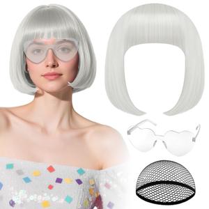 PLULON Light Gray Bob Wig with Heart Sunglasses and Hair Cap for Women, Short Bob Wigs Synthetic Colored Funny Cosplay Hairpieces for Women Men Neon Bachelorette Halloween Costume Party Decorations