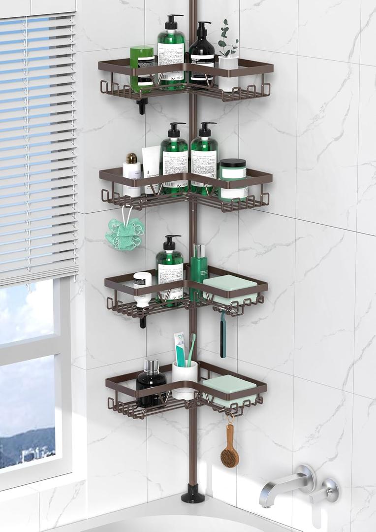 DAOYA Corner Shower Caddy Tension Pole - Adjustable 4-Tier Shower Shelf Stainless Steel Corner Tension Rod Bathroom Organizer Shampoo Holder with Soap Holders & Hooks for Bath, Tub, Floor Space Saving