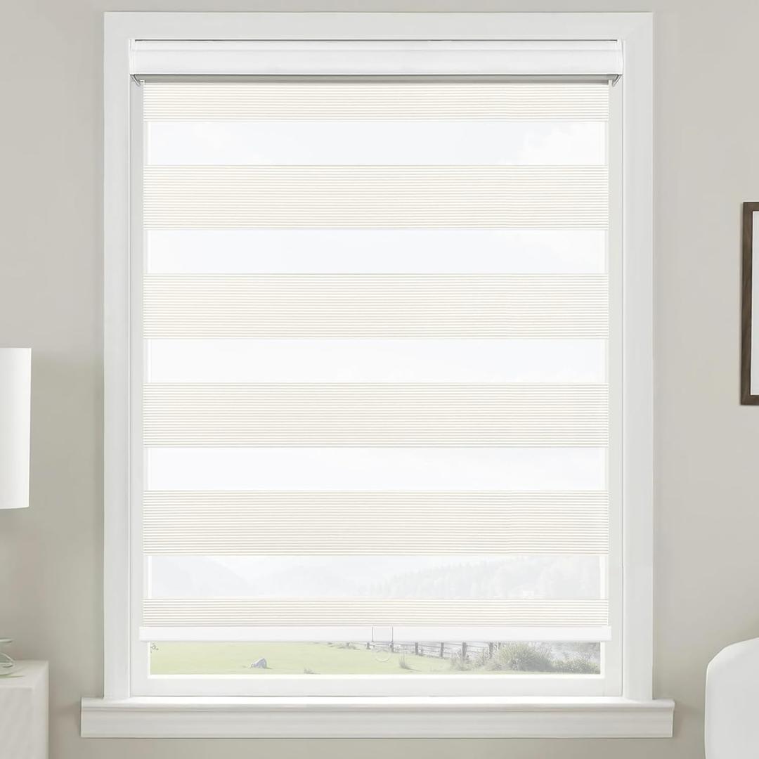 Allbright Cordless Free Stop Zebra Window Blinds 35" W64" H, Dual Layer Roller Shade Room Darkening Sheer Shades, Light Filtering Window Shades, Easy to Install Beige (35"W x 64"H, Cream | Cordless)