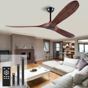 52 Inch Ceiling Fan No Light Wood Outdoor Ceiling Fans for Patios Living Room Bedroom 3 Blade Propeller Modern Ourside Waterproof Ceiling Fan Without Light with remote Control(Walnut) (Deep Walnut Blades + Black Body)