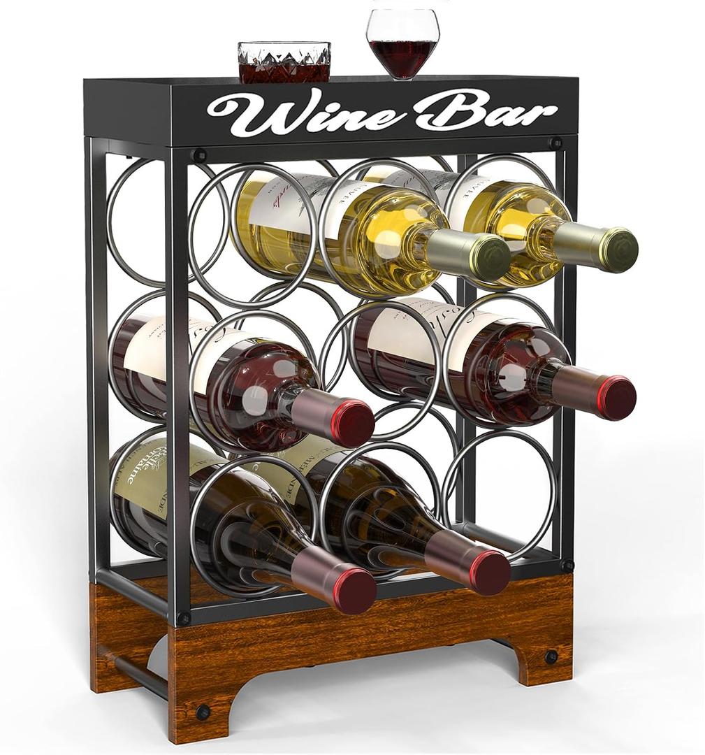 9 Bottle Wine Racks countertop with Top Tray, Freestanding 3-Tier Tabletop Wine Bottle Holder Stand, Modern Metal & Wood Wine Storage for Kitchen Counter, Bar, Cabinet or Pantry
