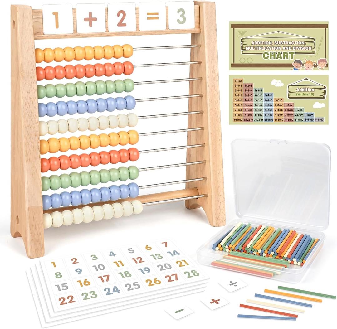 Abacus for Kids Math - Wooden Abacus with 100 Counting Sticks and 112 Math Cards, Counting Toys for Preschool Learning, Educational Math Toys for Developing Fine Motor Skills, Math Calculation