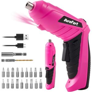 Pink Cordless Electric Screwdriver Set, 3.7V Rechargeable Small Electric Drill with 25pcs Driver Bit Set, Power 3Nm Screw Gun with 2 Position Handle, Flexible Shaft LED Light for Women