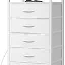Huuger White Dresser with 5 Drawers & Charging Station, Tall Dresser for Bedroom, Tall Night Stand with PU Leather Finish, Open Shelf, Nightstand for Bedroom, Closet, Hallway, Entryway