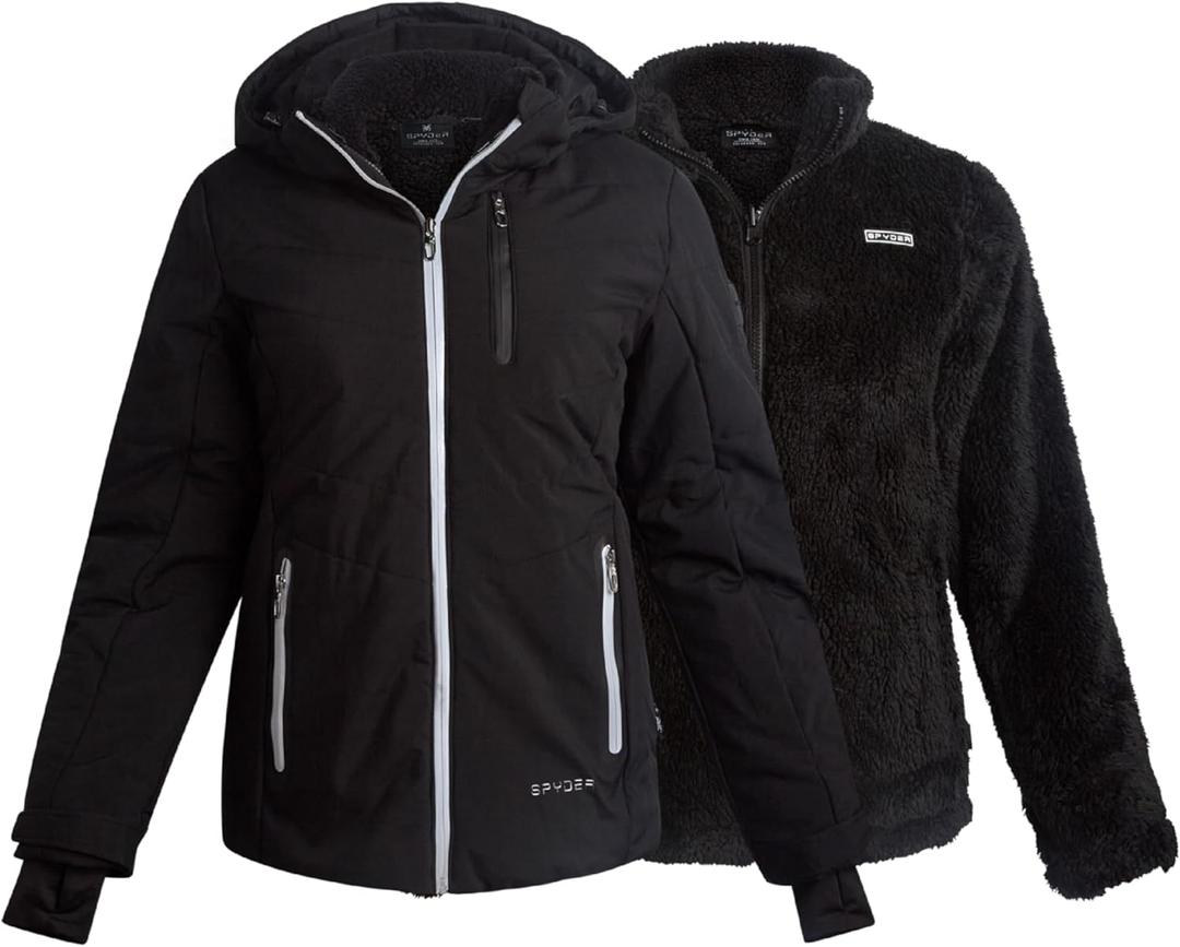 Spyder Womens Ski Jacket - Faux Fur Lined Insulated 3 in 1 Puffer Jacket - Reversible Quilted Winter Coats for Women (Small, Black Raven)