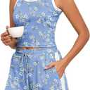 PrinStory Womens Pajamas Set Summer 2 Piece Pajama Sleeveless Tank and Shorts Soft Pj Sets with Pockets (Blue, XL)