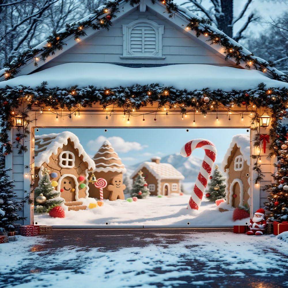 Christmas Garage Door Banner 7x16ft Candy Canes Gingerbread Christmas Garage Door Cover Decorations for 2 Car Large Winter Wonderland Gingerbread Village Xmas Banners Backdrop (Red)
