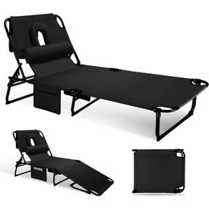 3-in-1 Sun Tanning Chair with Face Holes, Folding Chaise Lounge Chairs, 5-Position Adjustable Lounge Chair Outdoor with 2 Side Pocket & Pillow, for Pool Beach, Patio, Camping, Black