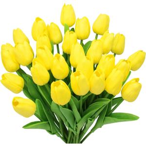 28pcs Yellow Flowers Artificial Tulip Stems Real Feel PU Tulips for Easter Spring Wreath Wedding Bouquet Centerpiece Floral Arrangement Cemetery Table Dcor 13" Tall