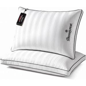 Beautyrest Hotel Collection Luxury Queen Pillows Set of 2 - Premium 500 Thread Count Damask Stripe Embroidered Cotton Cover, Gusseted Soft Medium Down Alternative, Queen Size Set of 2