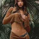 Women's 2 Pieces Outfits Mesh Perspective Suit Swimming Beach Long Sleeve Crop Top and Mini Skirt Set (Brown, S)