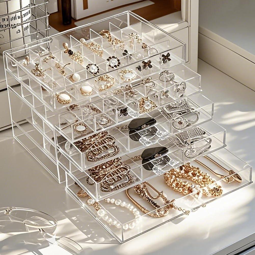 Acrylic Jewelry Box With 5 Drawers Clear Earring Storage Organizer Display Case Earring Organizer Box with Compartment Tray Transparent Jewelry Holder Organizer for Earrings Necklace Rings Bracelet